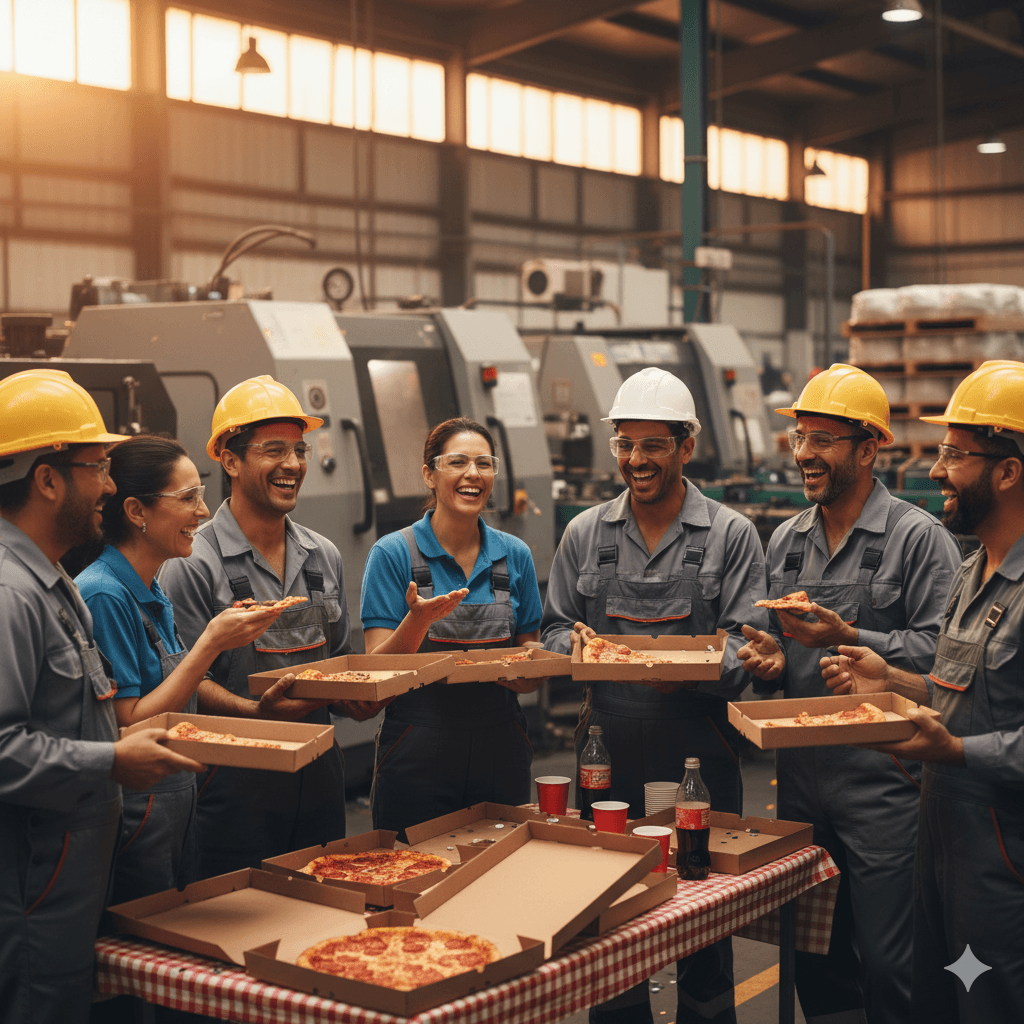 Trabajadores de maquila celebrando con Pizza Hut en su reunión de equipo