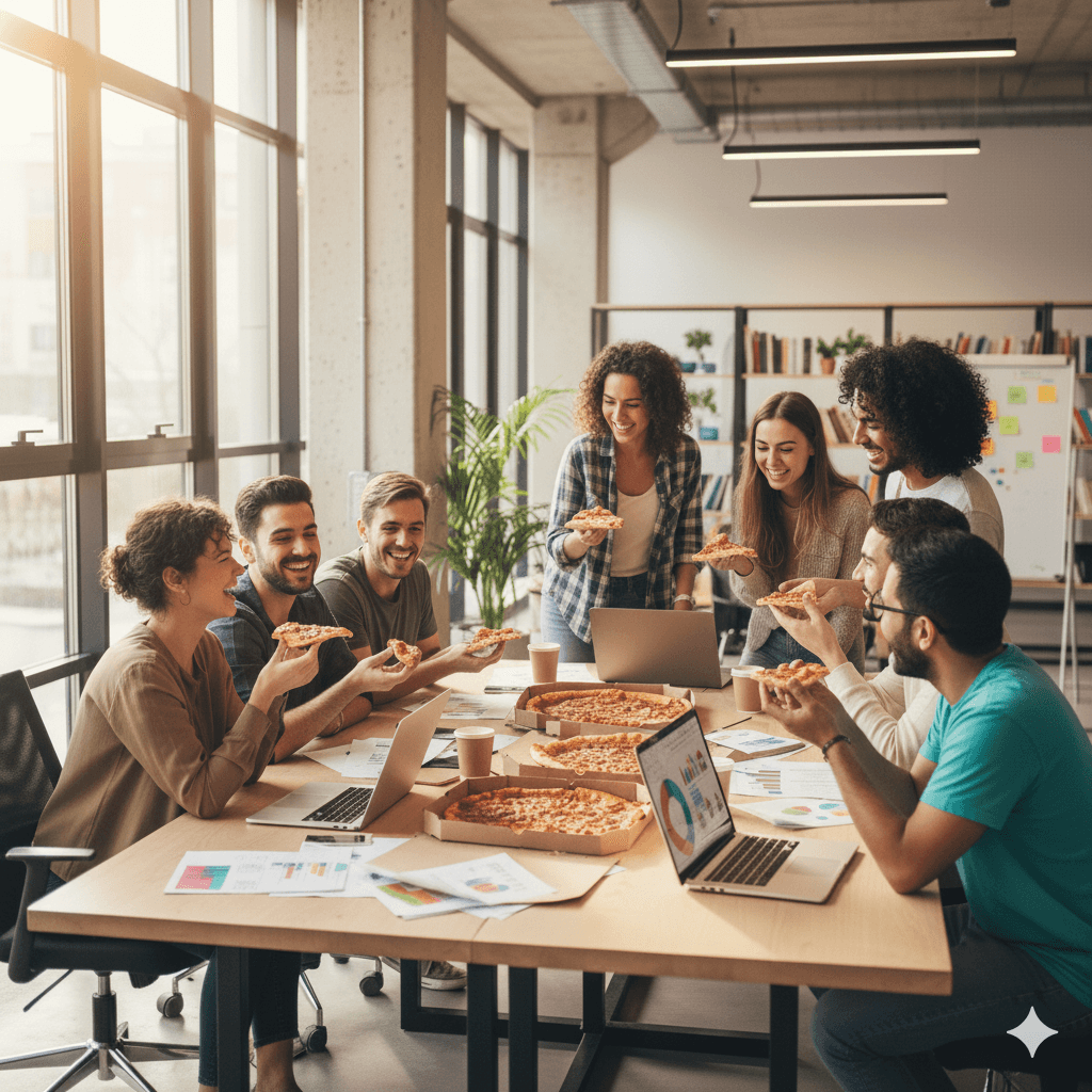 Trabajadores de maquila celebrando con Pizza Hut en su reunión de equipo
