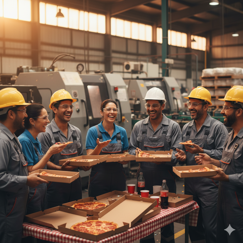 Ejecutivos en sala de juntas compartiendo pizza durante reunión de negocios